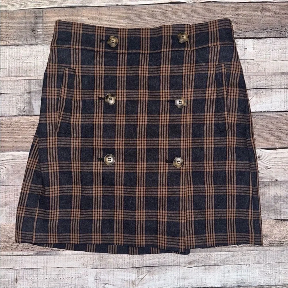 Madewell Plaid Mini Skirt in Brown and Black Double Breasted Sz S